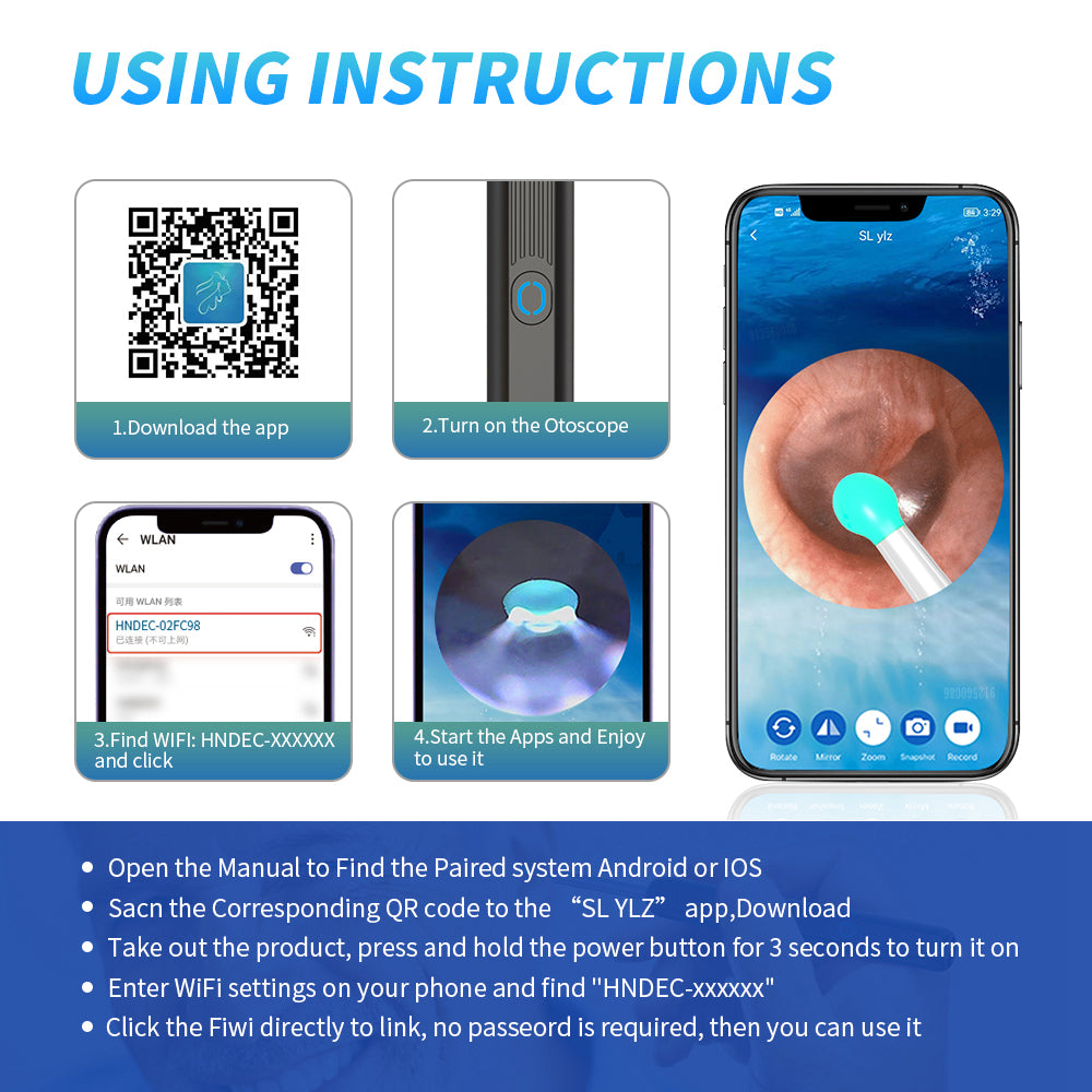 NE3 Limpiador de oídos Otoscopio Herramienta para quitar cera de oídos con cámara LED Luz inalámbrica Endoscopio para oídos Kit de limpieza de oídos para I-phone