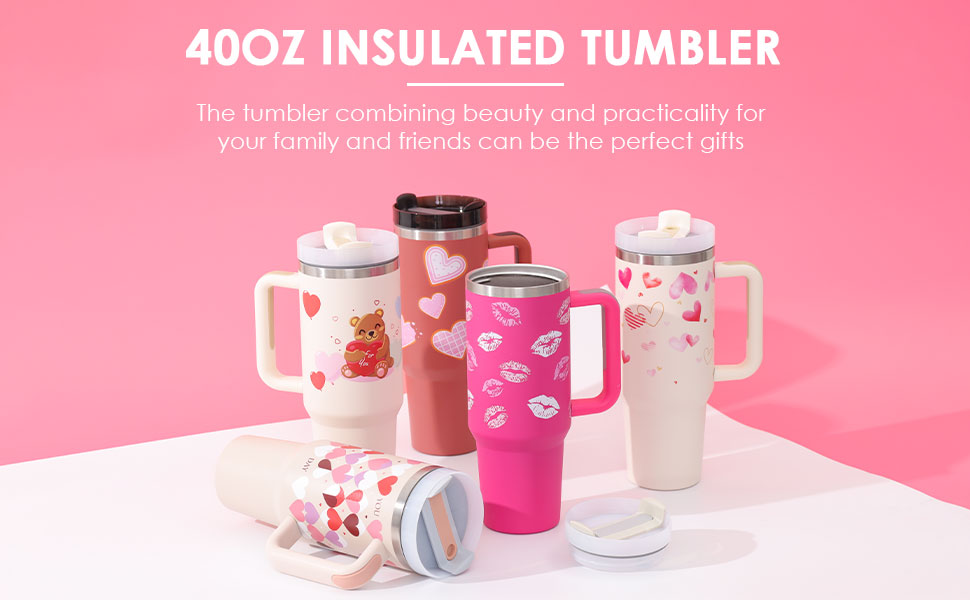 Vaso de 40 Oz con Asa Pajita Aislado, Vaso de Acero Inoxidable a Prueba de Derrames al Vacío para Café con Tapa, Taza Cónica, Regalos para Amantes en San Valentín, Adecuado para Coche, Gimnasio, Oficina, Viajes