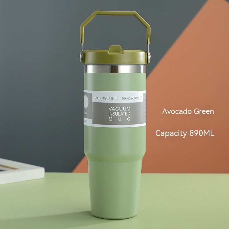 Vaso portátil de acero inoxidable para coche, botella de agua deportiva de viaje con asa, taza de café con tapa