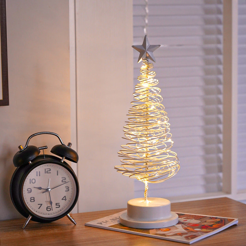 Adorno de mesa en espiral de hierro forjado con luz LED para árbol de Navidad, lámpara de escritorio para dormitorio, luz nocturna para ambiente navideño