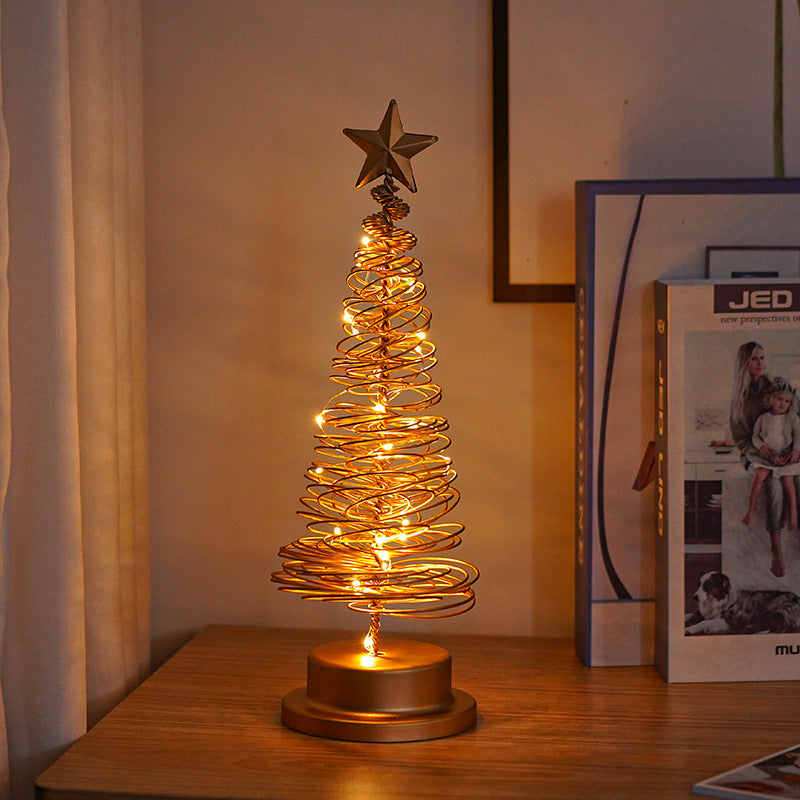 Adorno de mesa en espiral de hierro forjado con luz LED para árbol de Navidad, lámpara de escritorio para dormitorio, luz nocturna para ambiente navideño