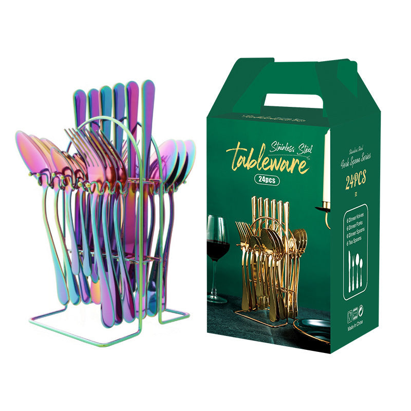 Juego de vajilla de oro, juego de cubiertos de acero inoxidable, cuchillo, tenedor, cuchara, juego de cubiertos de lujo con estante de almacenamiento, apto para lavavajillas.
