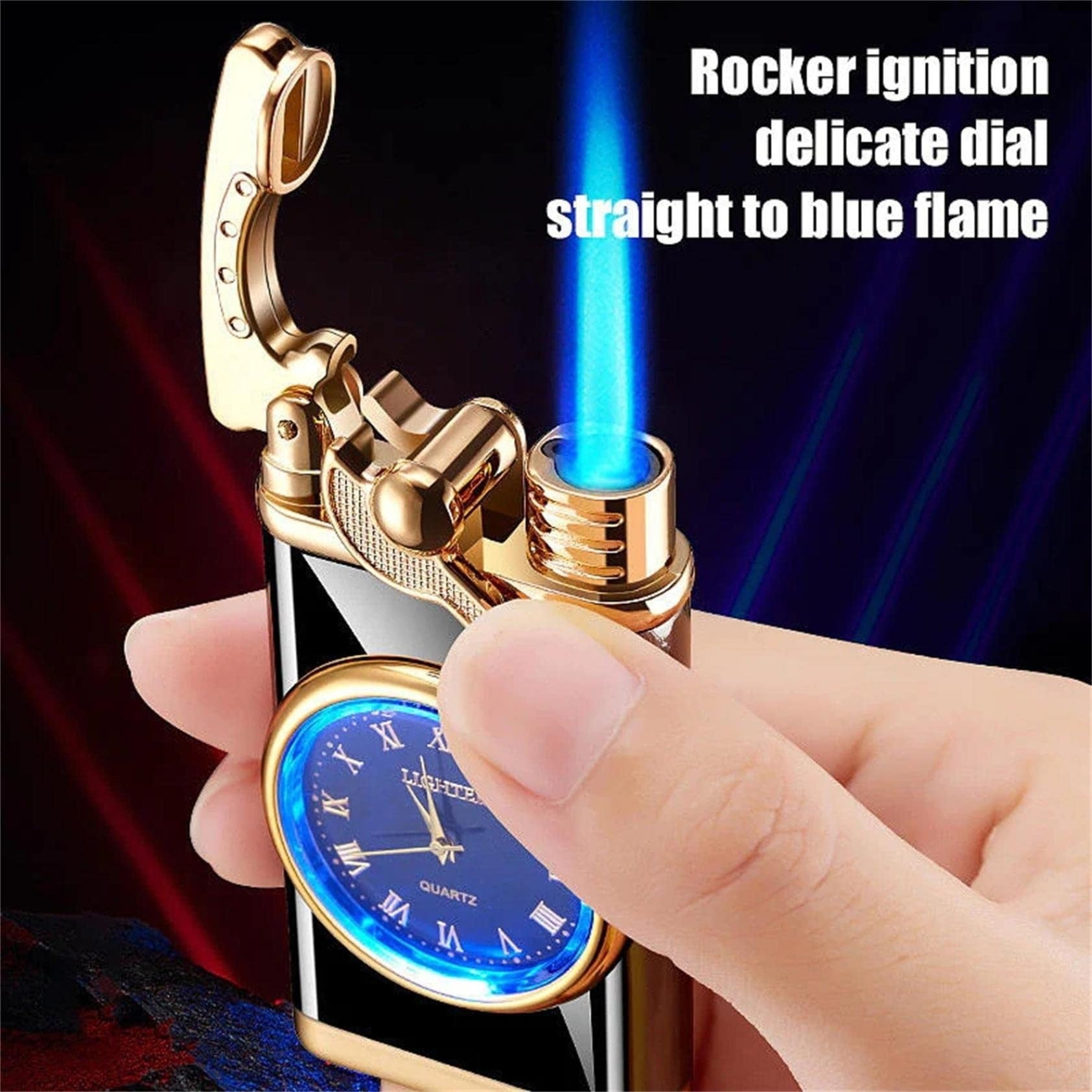 Nuevo encendedor con brazo oscilante de reloj eléctrico, encendido automático, llama azul recta, encendedor creativo con esfera real, recargable a prueba de viento, regalo para hombre.