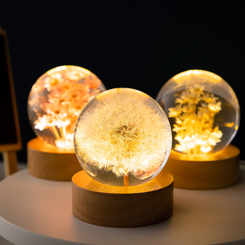 Bola de cristal de diente de león 3D luminosa con base de madera de haya, esfera de flores preservadas, adornos de escritorio, regalos de cumpleaños y Navidad