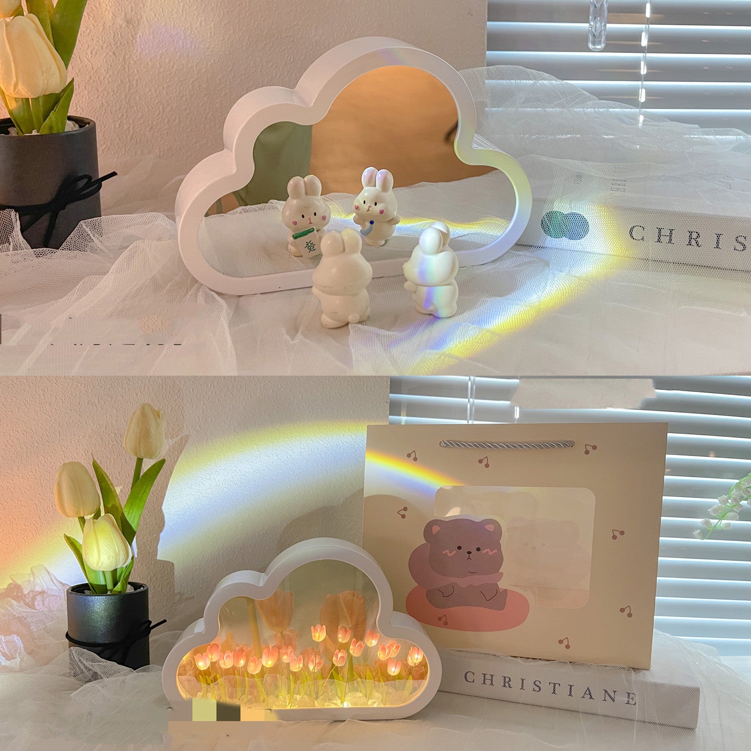 Tulipán Lámpara de Noche Material DIY Nube Tulipanes Lámpara de Noche Espejos Decorativos Marco de Fotos Luces de Mesa LED Coreano Creativo Escritorio Dormitorio Hecho a Mano Regalos de Cumpleaños