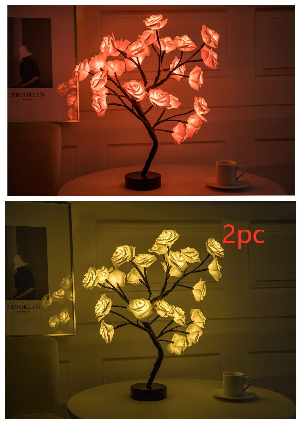 Lámpara de flor de rosa con USB, funciona con pilas, lámpara de mesa LED, luces nocturnas de bonsái, guirnalda, luces decorativas para dormitorio, decoración del hogar.
