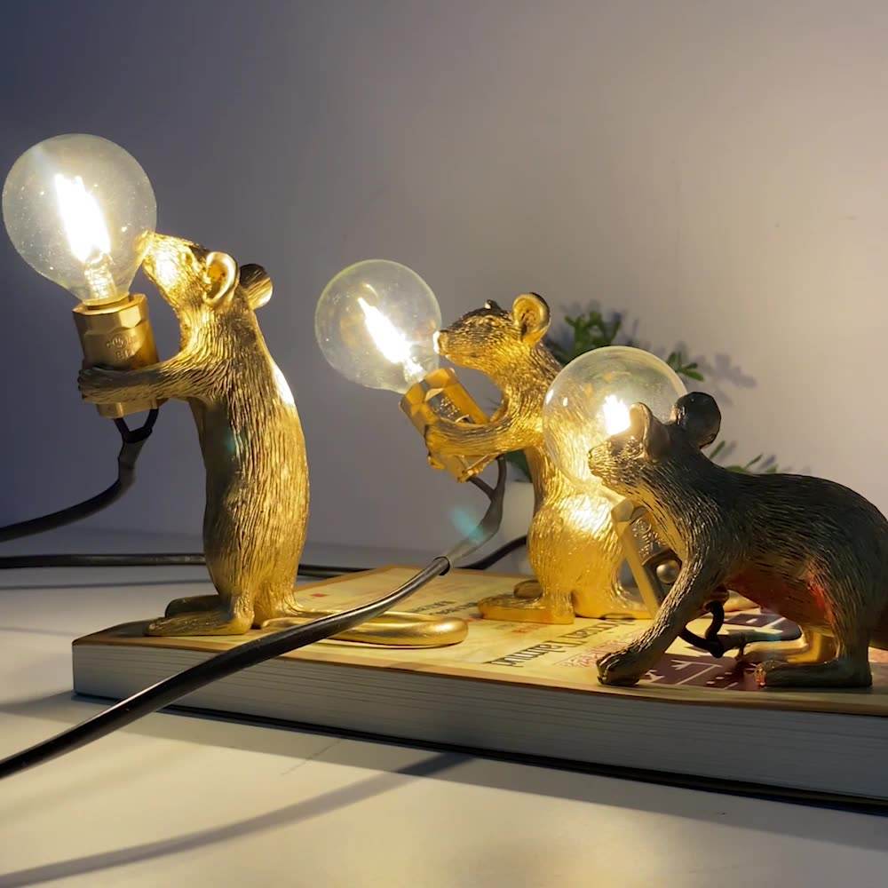 Lámpara de mesa creativa nórdica de resina con forma de ratón, luces nocturnas LED de escritorio, lámparas de escritorio pequeñas y mini con forma de rata
