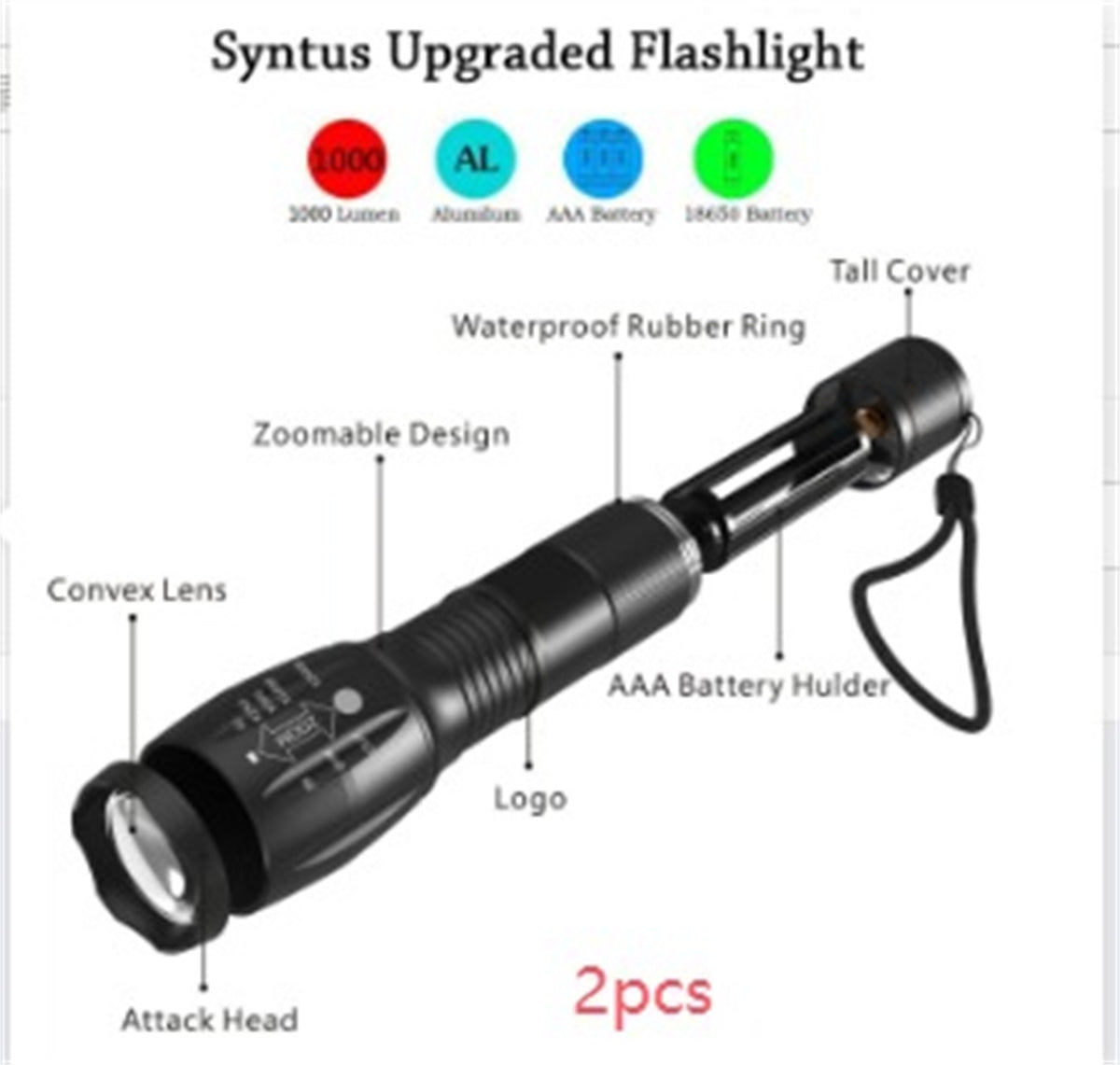 Linterna LED portátil con zoom, linterna de caza con zoom, luz de linterna