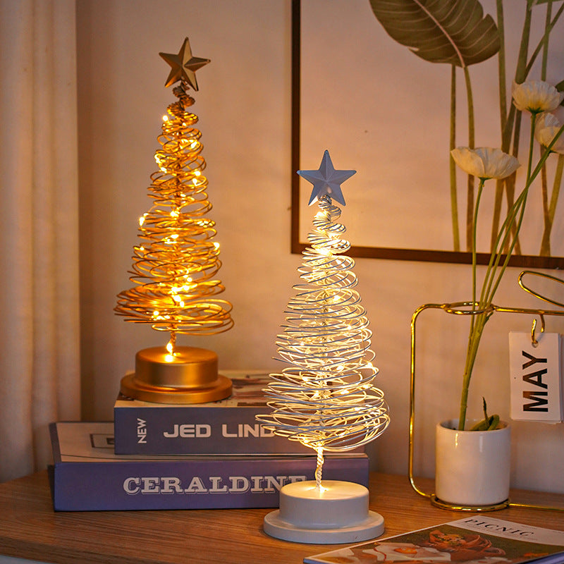 Adorno de mesa en espiral de hierro forjado con luz LED para árbol de Navidad, lámpara de escritorio para dormitorio, luz nocturna para ambiente navideño