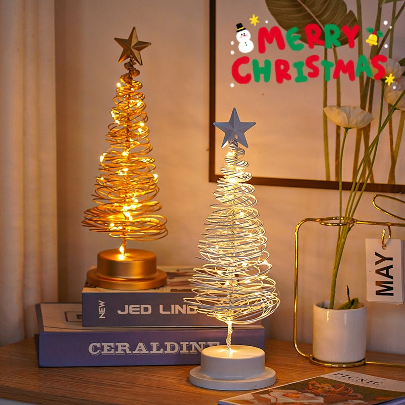 Adorno de mesa en espiral de hierro forjado con luz LED para árbol de Navidad, lámpara de escritorio para dormitorio, luz nocturna para ambiente navideño
