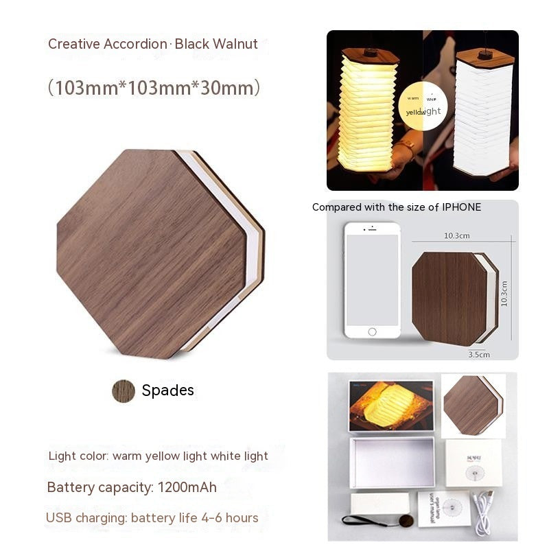 Lámpara creativa de regalo, LED portátil, retro, recargable por USB, de madera, plegable 360 grados, tipo acordeón