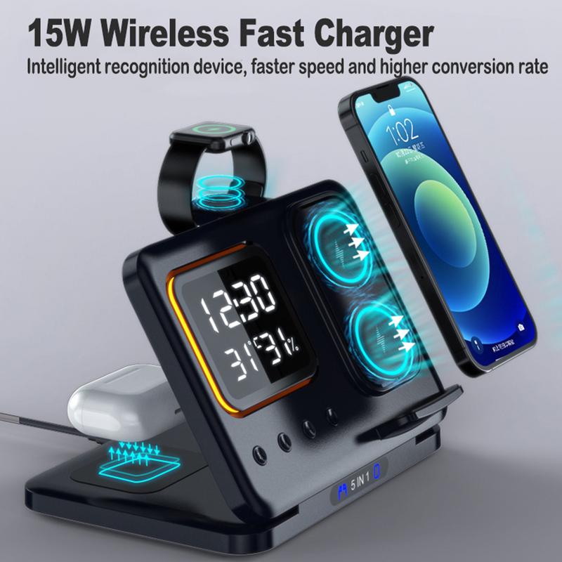 Soporte de cargadores inalámbricos de 15 W 5 en 1, reloj despertador digital LED, estación de carga rápida