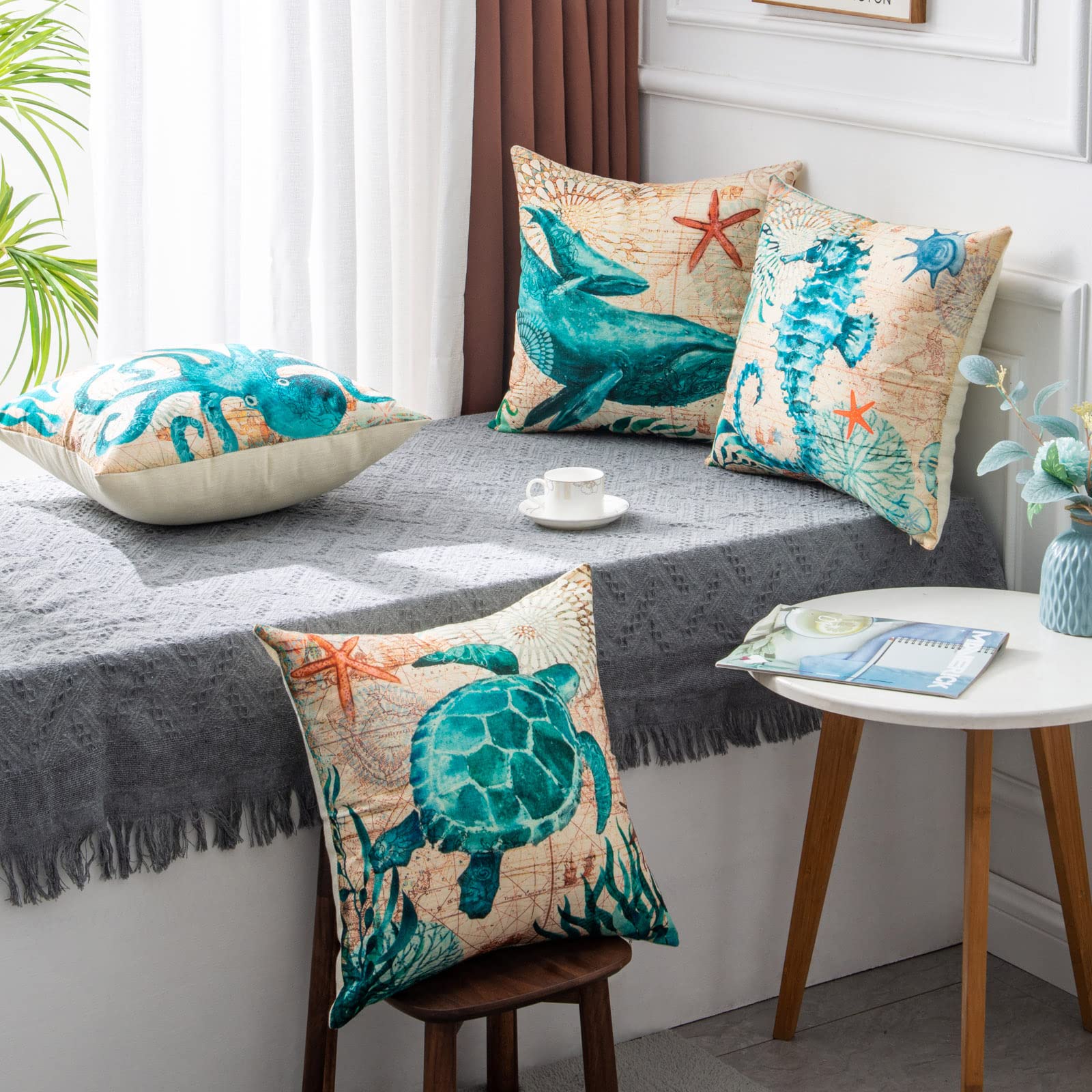 Fundas de cojín con estampado de tortuga marina para sofá, silla, asiento, decoración del hogar