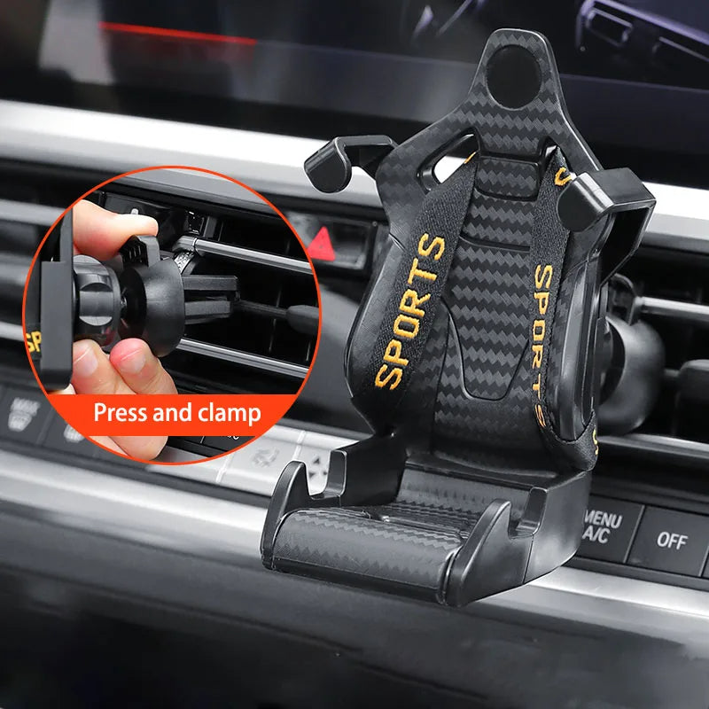Soporte para teléfono de coche con forma de asiento de carreras, clip para teléfono móvil con ventilación de aire, rotación de 360 grados, soporte para teléfono celular para interior de coche