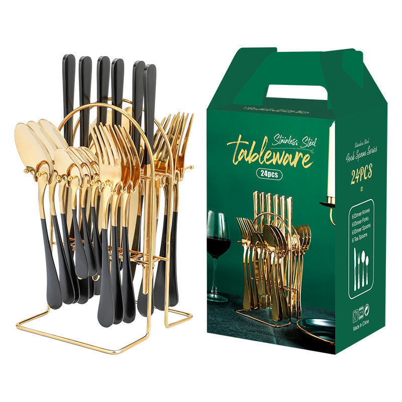 Juego de vajilla de oro, juego de cubiertos de acero inoxidable, cuchillo, tenedor, cuchara, juego de cubiertos de lujo con estante de almacenamiento, apto para lavavajillas.