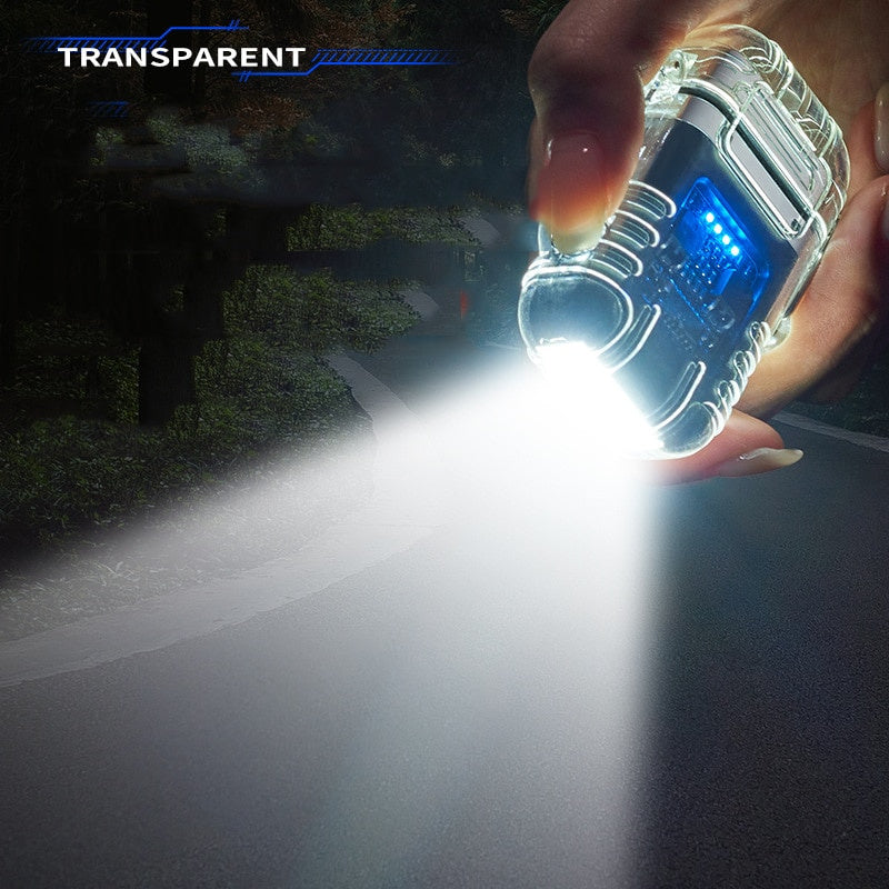 Encendedor de arco doble de carcasa transparente, resistente al agua y al viento, encendedor de cigarrillos electrónico multiusos para exteriores