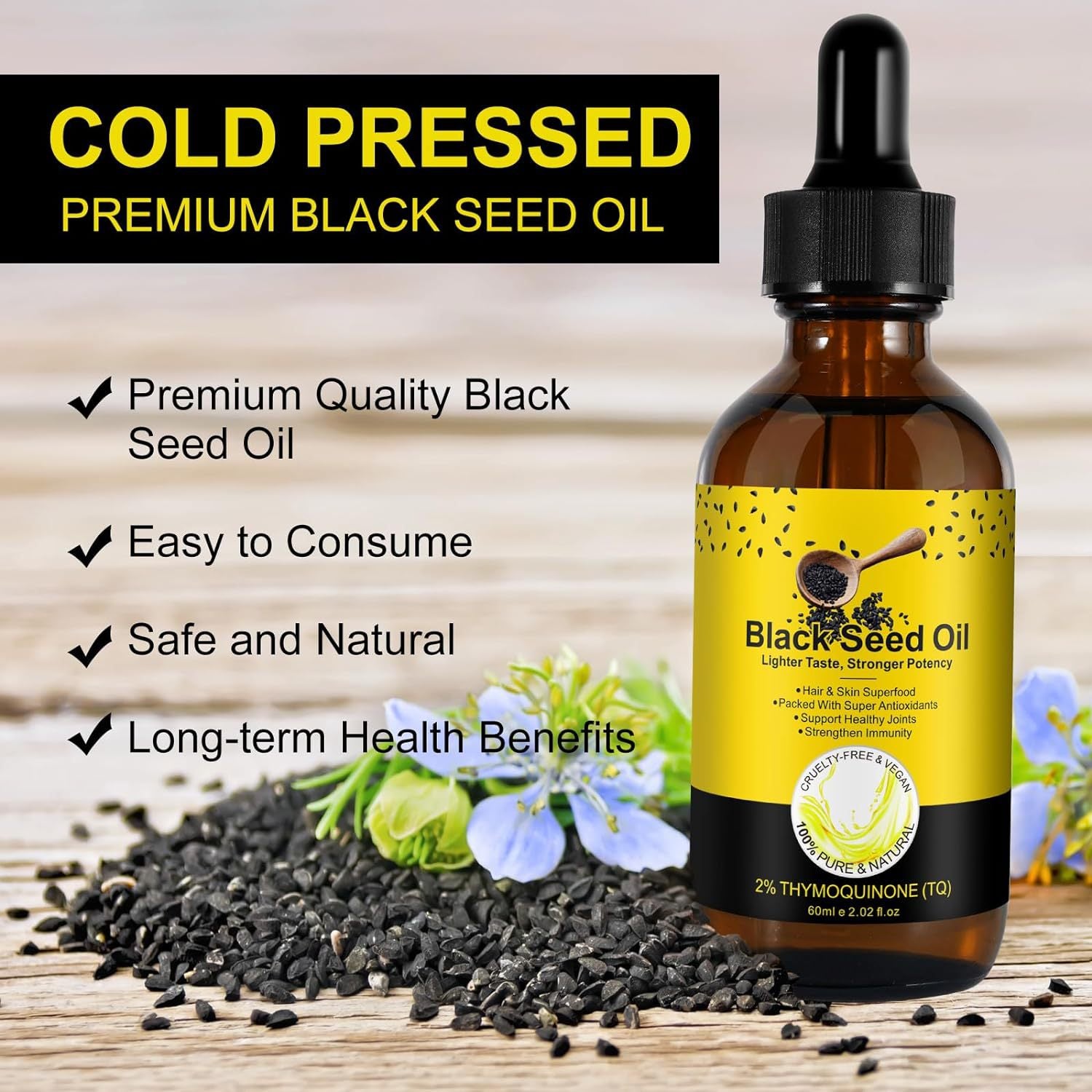 Gotas de aceite de semilla negra con vitaminas