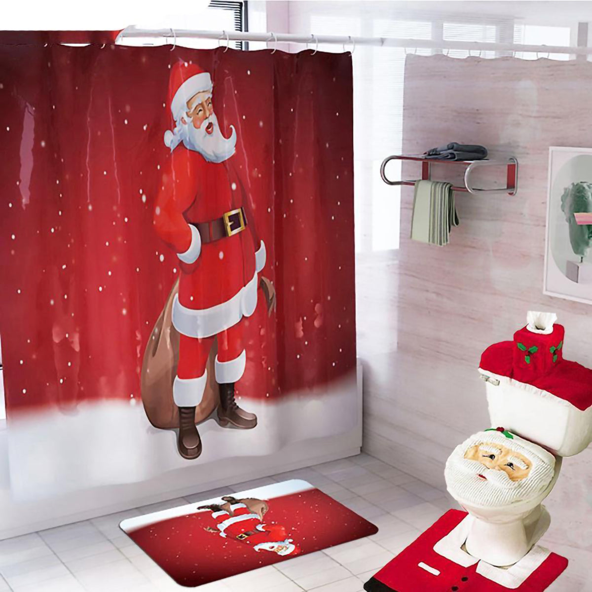 Feliz Navidad Cortina de baño Papá Noel Asiento de inodoro Decoraciones de Navidad