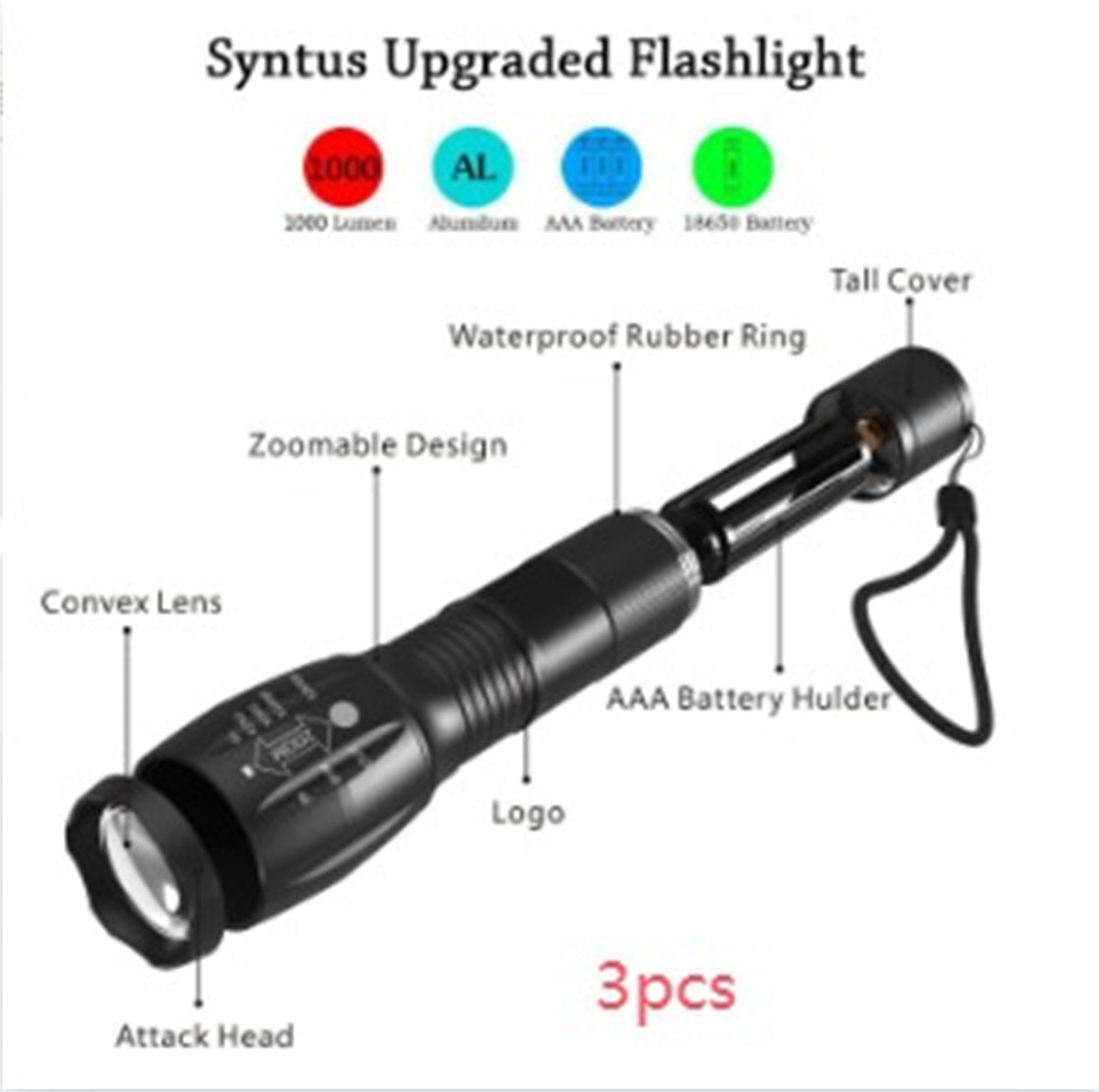 Linterna LED portátil con zoom, linterna de caza con zoom, luz de linterna