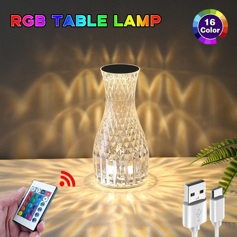 Lámpara de cristal con forma de jarrón, lámpara de mesa de diamante romántica junto a la cama, luces LED para decoraciones navideñas del hogar
