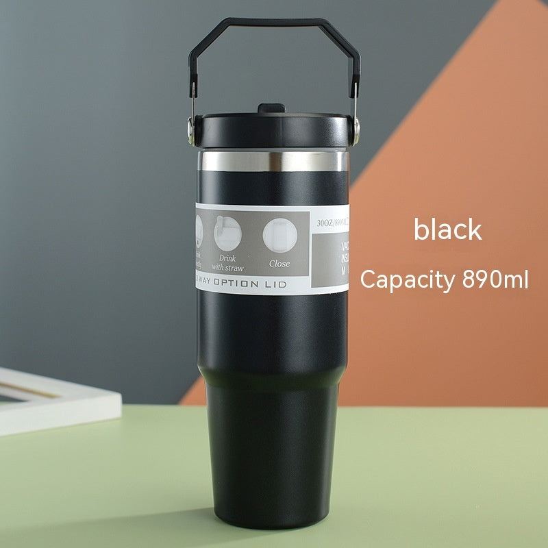 Vaso portátil de acero inoxidable para coche, botella de agua deportiva de viaje con asa, taza de café con tapa