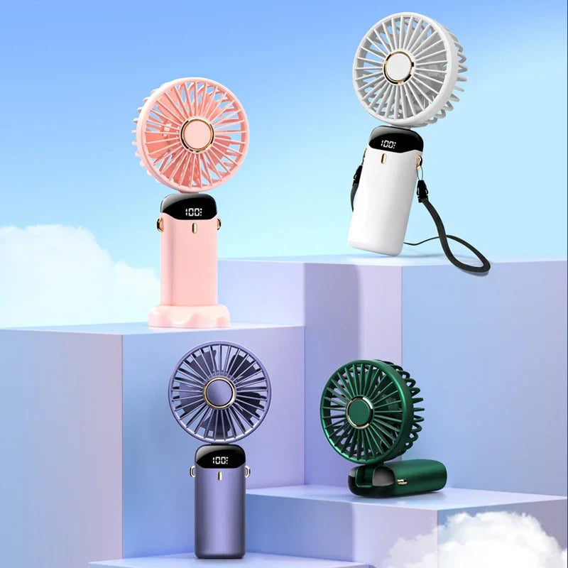 Mini Ventilador Eléctrico Portátil Recargable USB de Mano, Ventilador Plegable para Colgar al Cuello para Exteriores, Ajustable, 5 Velocidades, Potente Enfriador de Aire