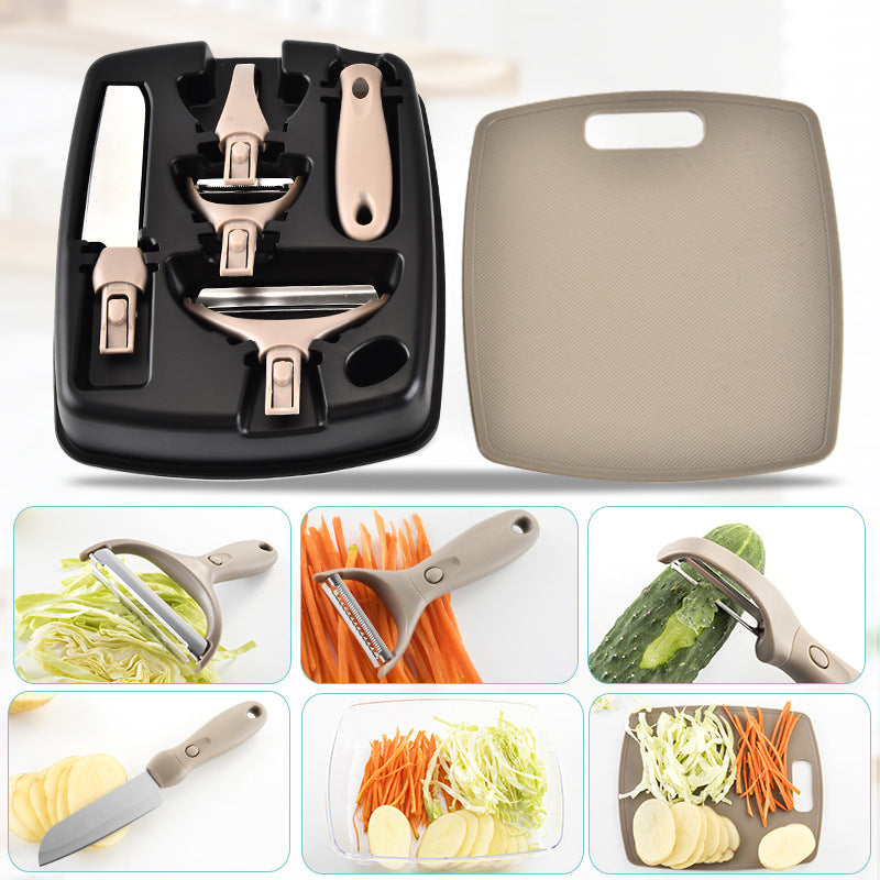 Juego de cortadores de acero inoxidable, juego de tres piezas, tabla de cortar de paja de trigo, cuchillo para fruta, pelador, herramientas de cocina combinadas