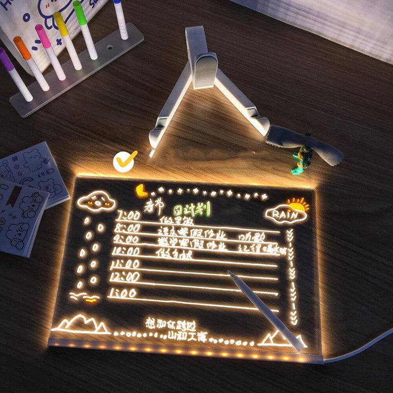 Lámpara de Noche LED con Tablero de Notas Acrílico DIY, Tablero de Mensajes Creativo, Lámpara de Vacaciones con 7 Bolígrafos, Lámpara de Escritorio LED USB, Lámpara de Pintura para Momentos Diarios