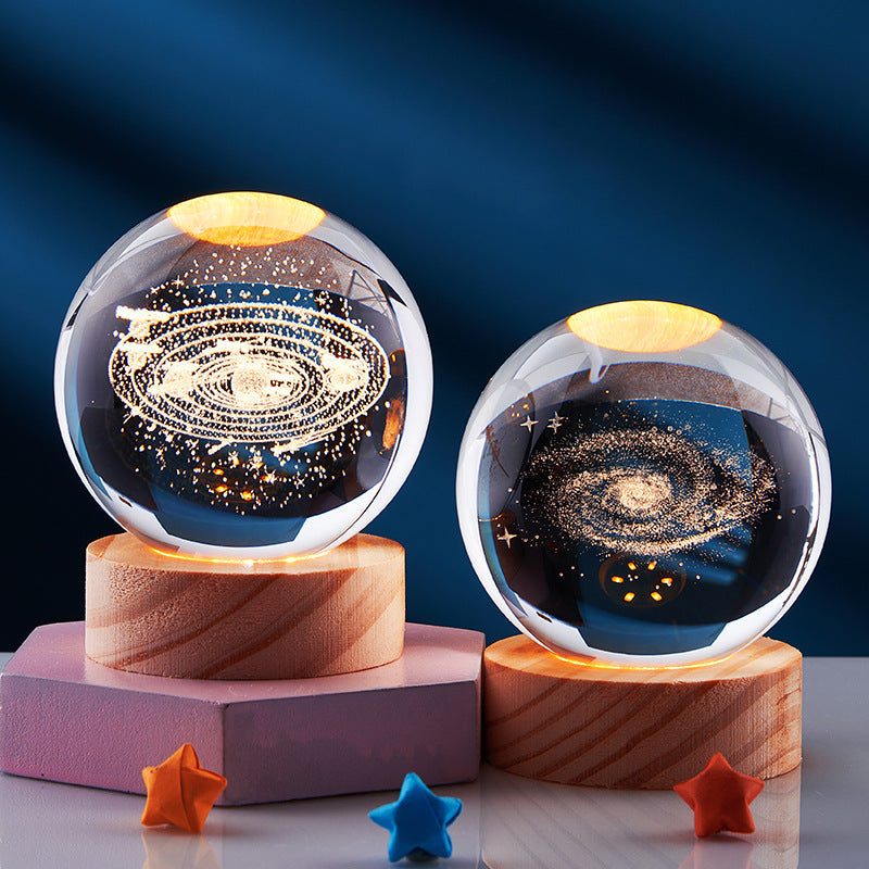Lámpara de Noche Brillante del Sistema Solar Tallada en 3D Bola de Cristal, Lámpara de Cabecera Cálida, Regalo para Niños y Festivales