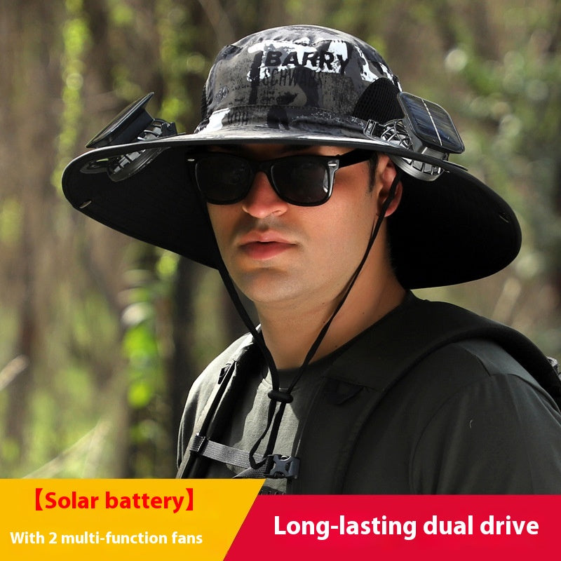 Sombrero de sol de ala ancha para exteriores con ventilador solar, sombrero de pesca para exteriores con ventilador solar de ala ancha, carga solar USB, sombrero ajustable alimentado por energía solar