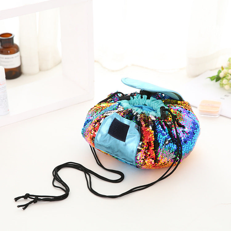 Bolsa de cosméticos con diseño de lentejuelas de sirena, estuche de maquillaje con cordón, organizador de maquillaje de viaje para mujer, bolsa de almacenamiento, neceser de aseo