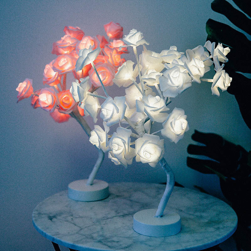 Lámpara de flor de rosa con USB, funciona con pilas, lámpara de mesa LED, luces nocturnas de bonsái, guirnalda, luces decorativas para dormitorio, decoración del hogar.