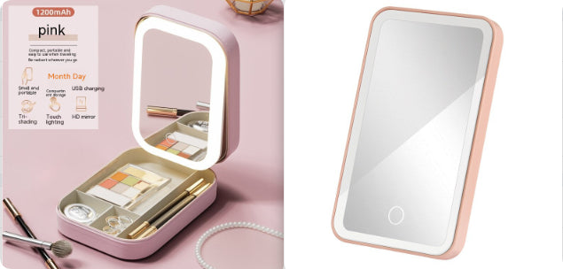 Caja de Almacenamiento de Maquillaje con Espejo de Luz LED, Caja Portátil de Almacenamiento de Cosméticos de Viaje, Organizador de Almacenamiento con Luz Táctil