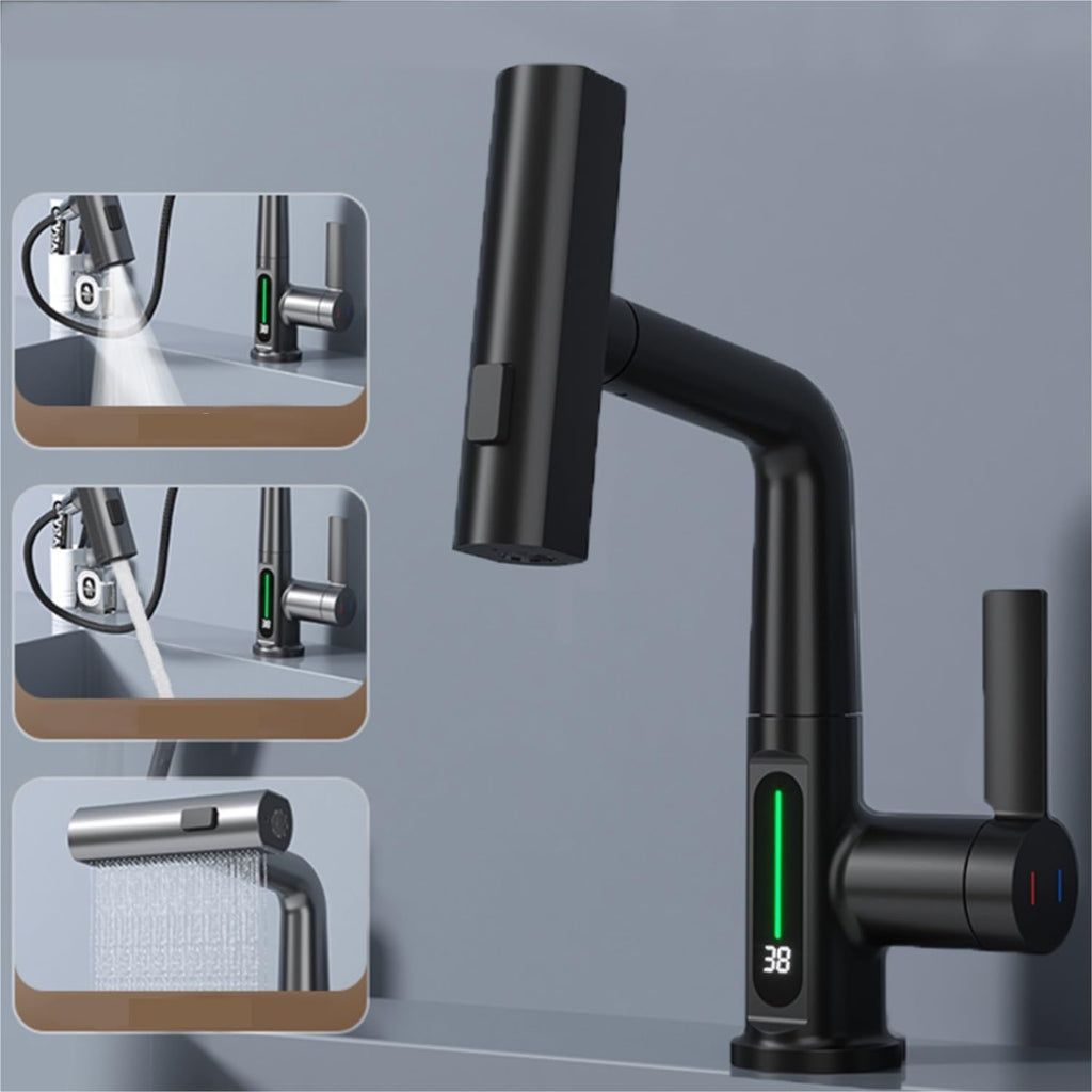 Grifo extensible con pantalla digital inteligente para lavabo, rotación con pantalla digital de temperatura