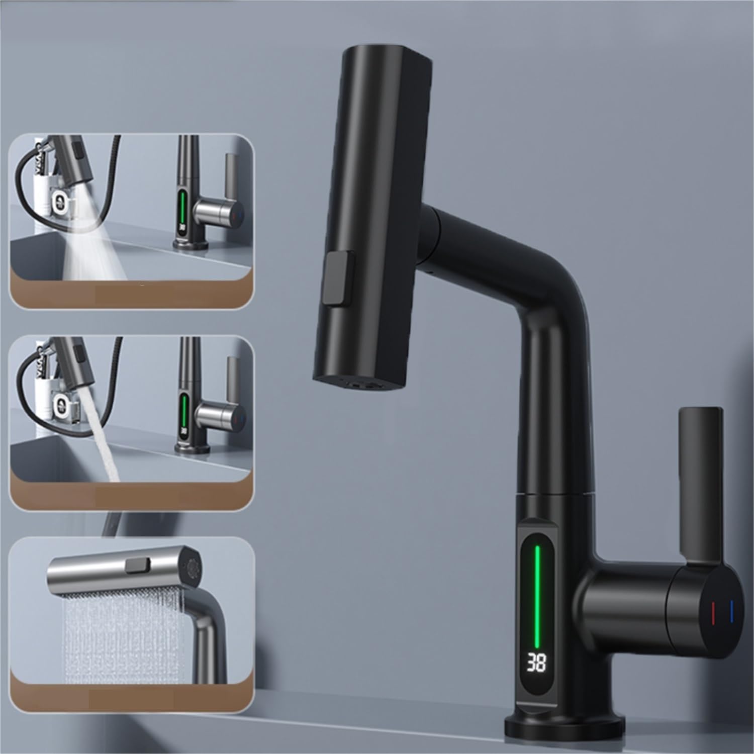 Grifo extensible con pantalla digital inteligente para lavabo, rotación con pantalla digital de temperatura