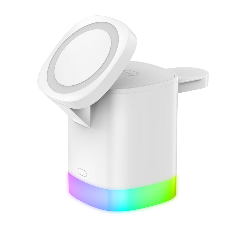 Cargador rápido inalámbrico magnético 3 en 1 para smartphone, estación de carga con luz ambiental RGB para AirPods y iWatch
