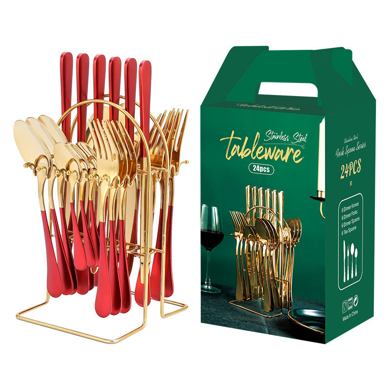 Juego de vajilla de oro, juego de cubiertos de acero inoxidable, cuchillo, tenedor, cuchara, juego de cubiertos de lujo con estante de almacenamiento, apto para lavavajillas.