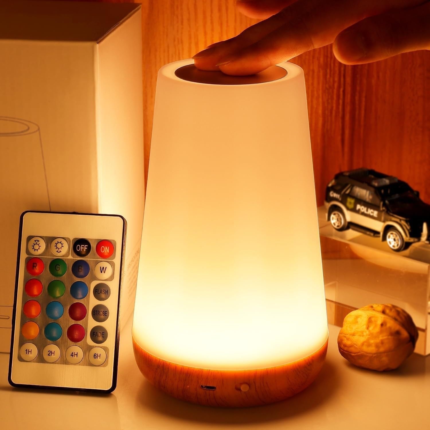 Lámpara táctil con control remoto y carga de vetas de madera creativas