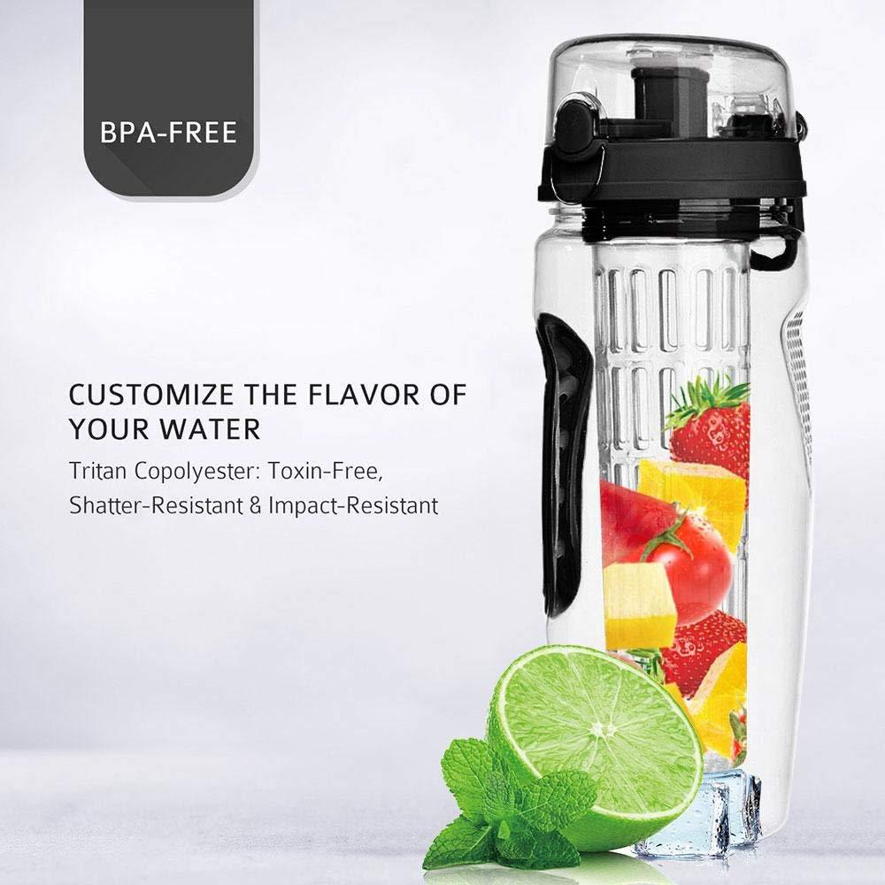 Botella de agua con infusor de frutas de 32 onzas, botella de agua de frutas de plástico sin BPA, botellas de agua deportivas con infusor de frutas, botella de jugo, coctelera, botella de agua