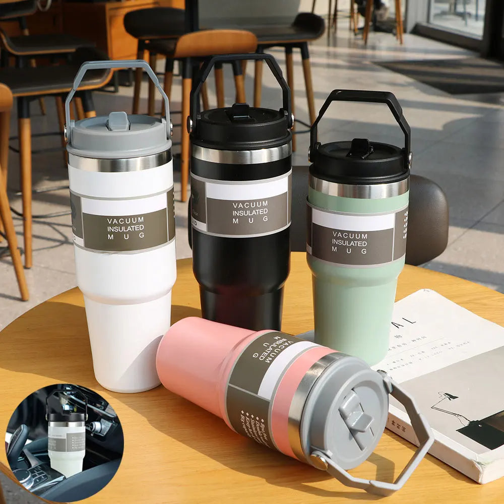 Vaso portátil de acero inoxidable para coche, botella de agua deportiva de viaje con asa, taza de café con tapa