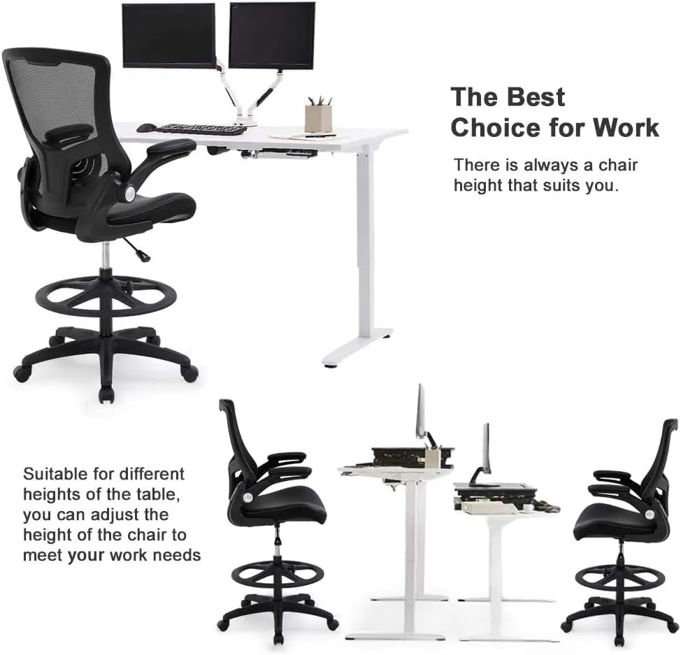 Silla de dibujo ergonómica, silla alta de oficina, silla de escritorio de pie con reposabrazos abatibles, reposapiés, soporte lumbar, altura ajustable, malla D