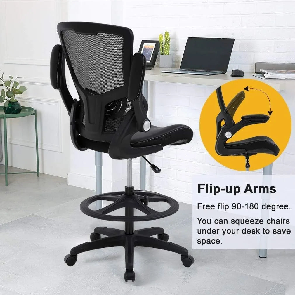 Silla de dibujo ergonómica, silla alta de oficina, silla de escritorio de pie con reposabrazos abatibles, reposapiés, soporte lumbar, altura ajustable, malla D