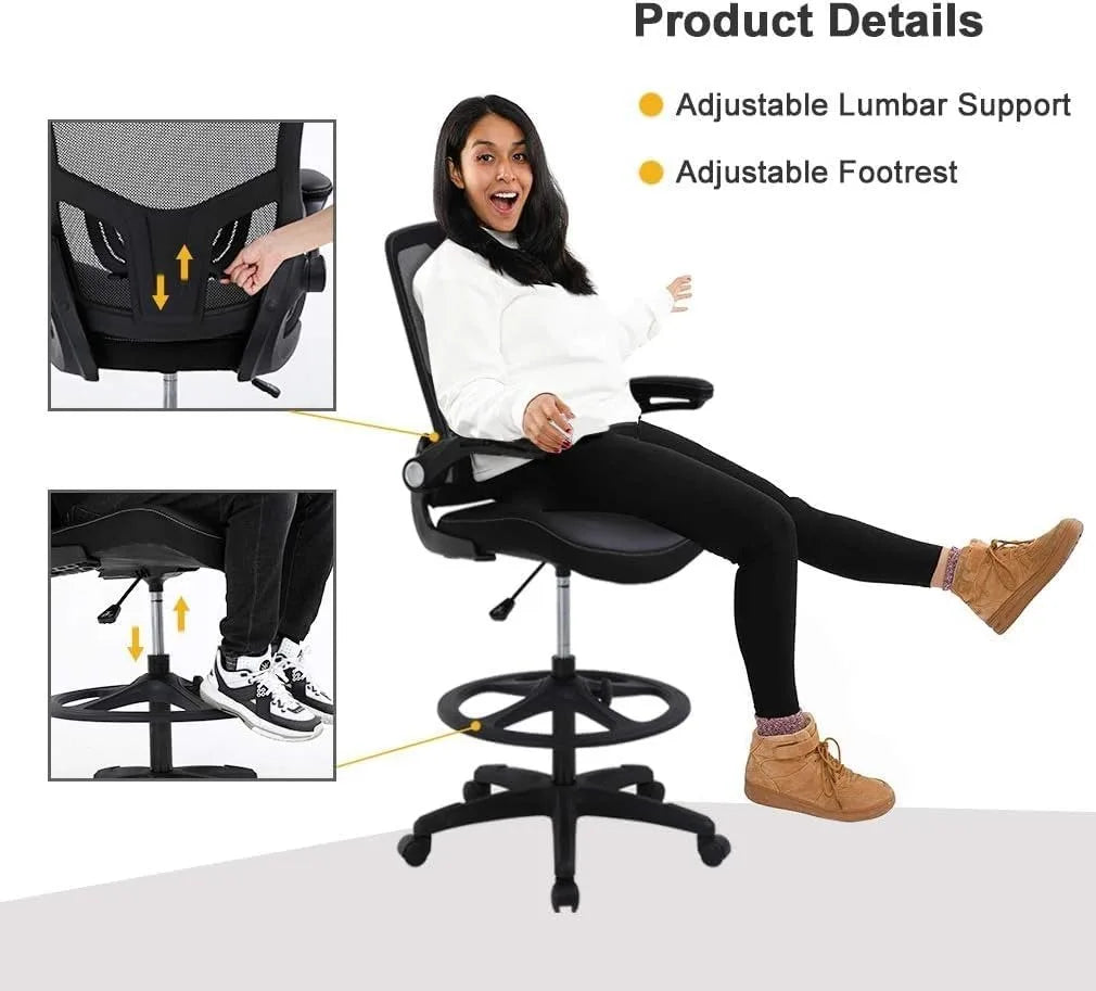 Silla de dibujo ergonómica, silla alta de oficina, silla de escritorio de pie con reposabrazos abatibles, reposapiés, soporte lumbar, altura ajustable, malla D
