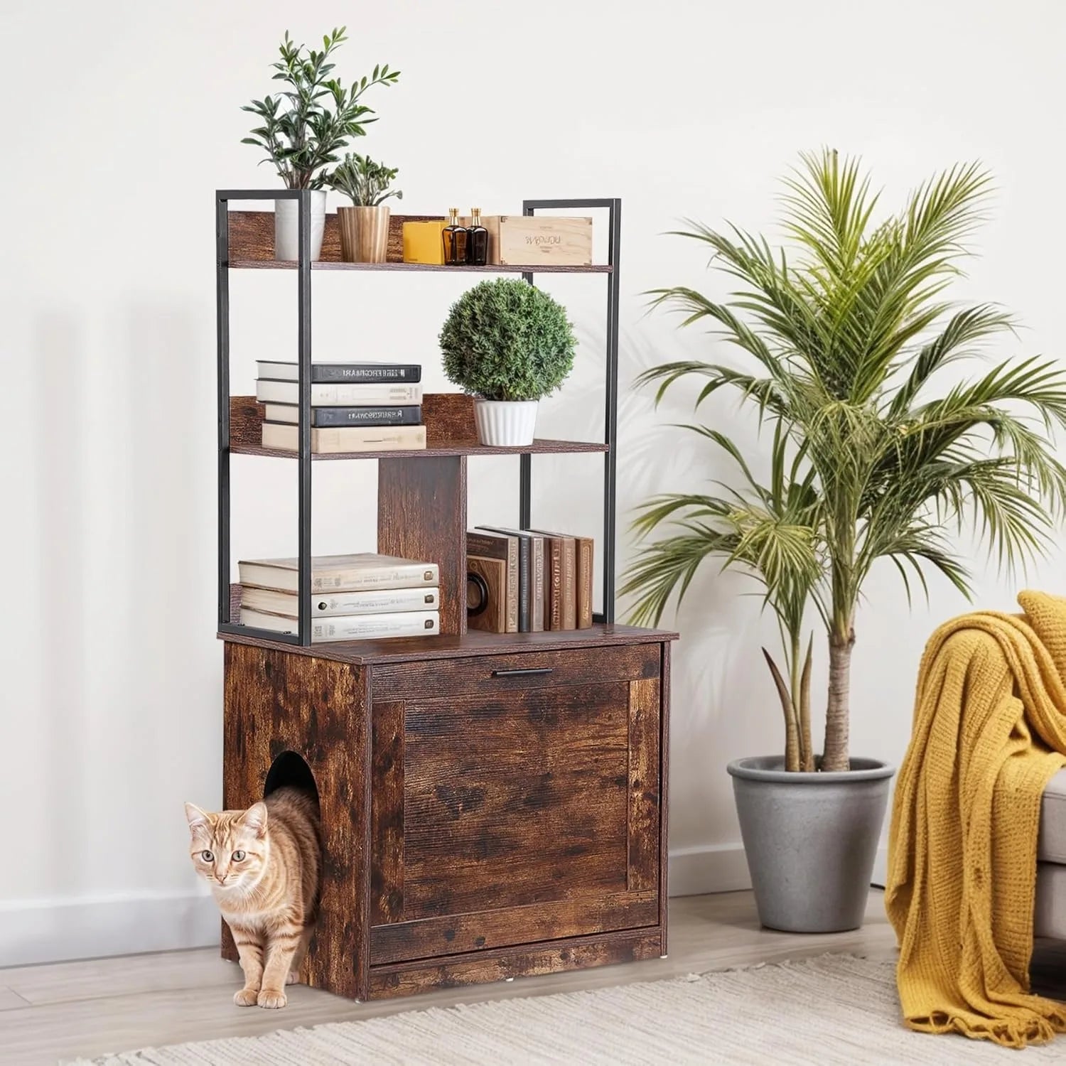 Arenero para gatos 2 en 1 con estantes de almacenamiento, mueble escondido para arenero de gatos con entrada (Marrón rústico)