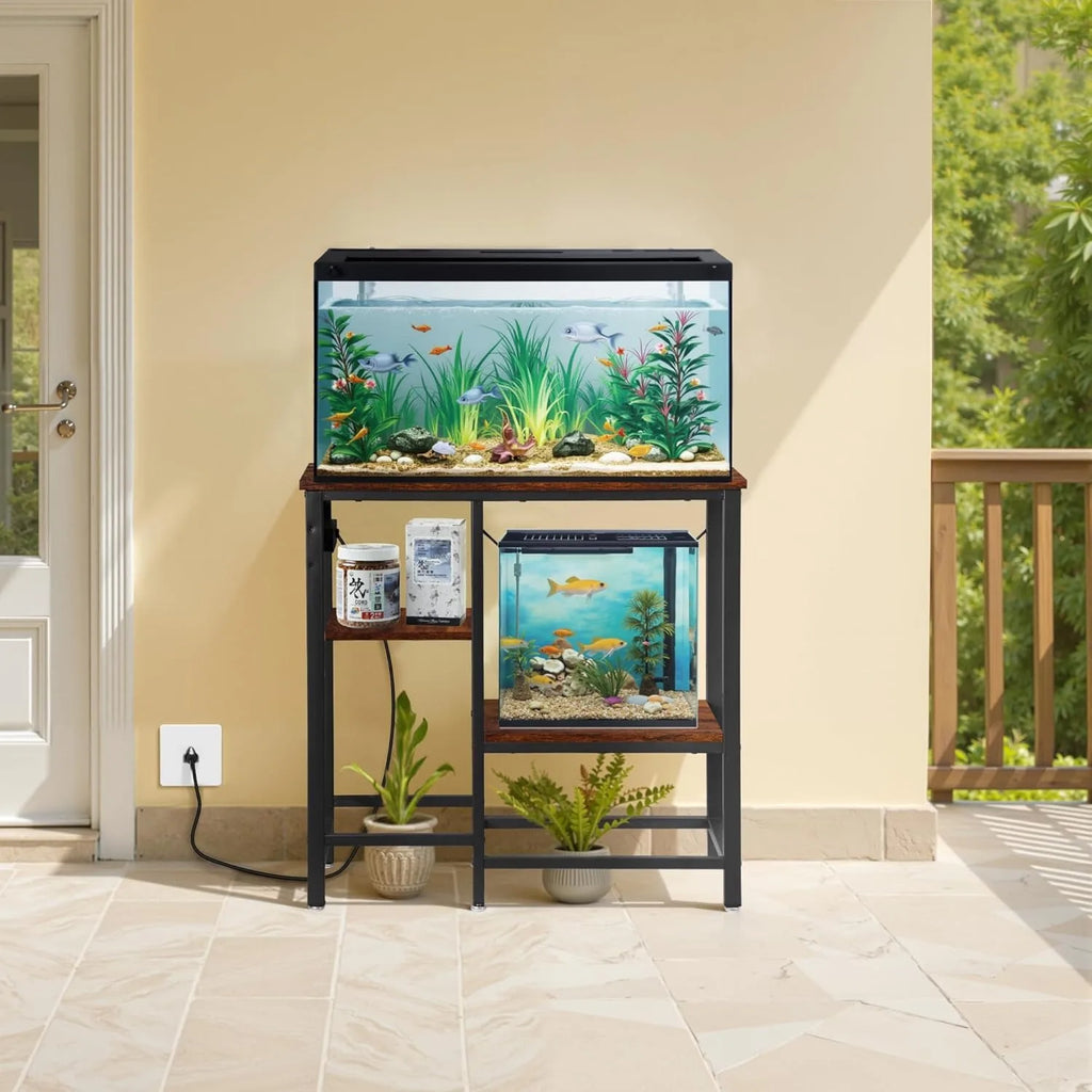 Soporte para pecera de 20-29-37 galones con estantes de almacenamiento ajustables de 3 niveles y toma de corriente, soporte para terrario, 30.7" largo x 13.7"
