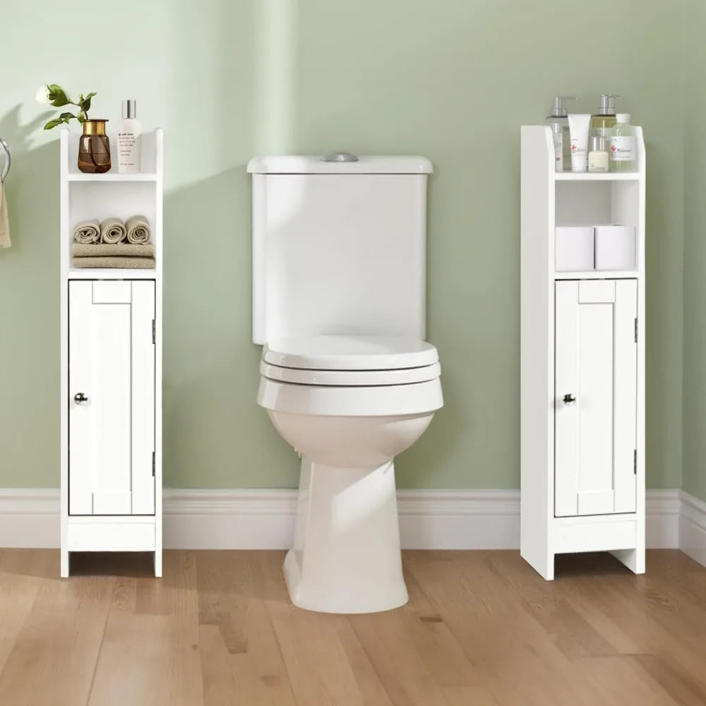 Armario de baño estrecho, Armario de baño angosto con puerta y estantes ajustables, Armario de almacenamiento de papel higiénico de pie