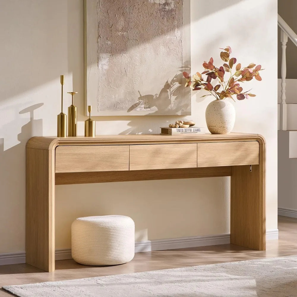 Mesa consola de 63'' con 3 cajones, mesa de entrada moderna con diseño de perfil curvo, mesa de sofá larga y estrecha de madera