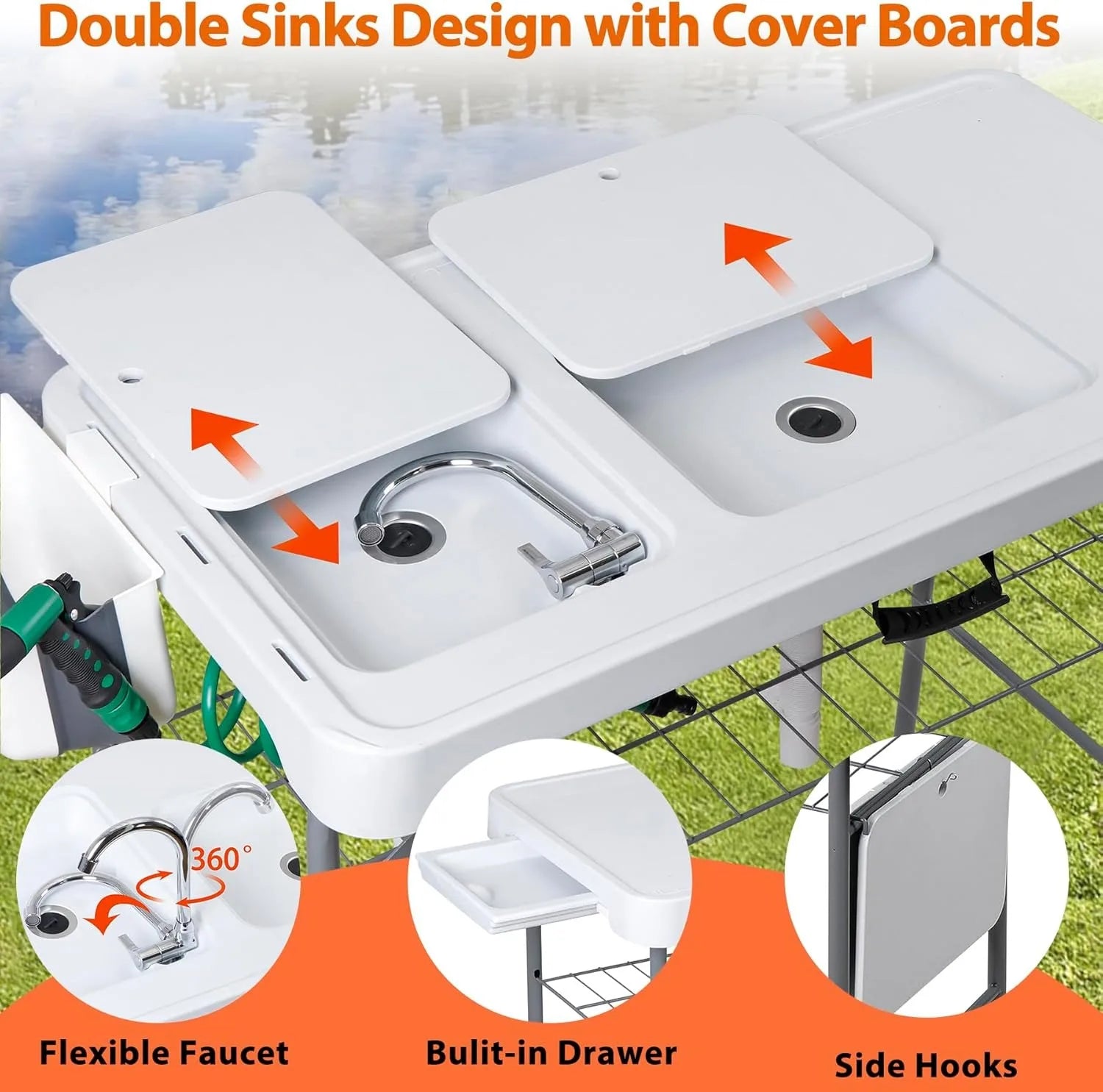 Fish Cleaning Table with Sink, 42.4" Width Portable Folding Camping Table, Outdoor Fish Cleaning Station with Grid Rack and