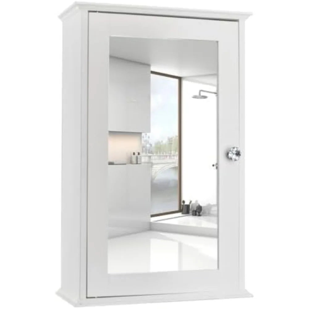 Botiquín de madera, blanco, para montar en la pared, con una sola puerta de espejo y estantes ajustables para baño, sala de estar