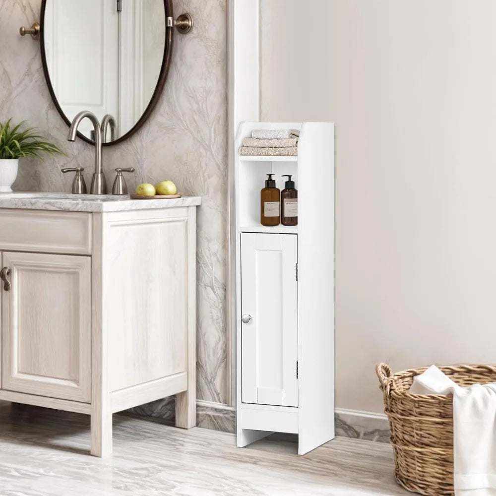 Armario de baño estrecho, Armario de baño angosto con puerta y estantes ajustables, Armario de almacenamiento de papel higiénico de pie